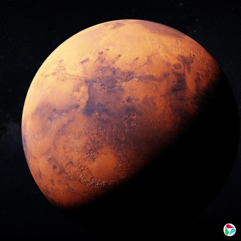 数码插图展示火星表面红色的云层和水冰,背景是漆黑的太空深渊。